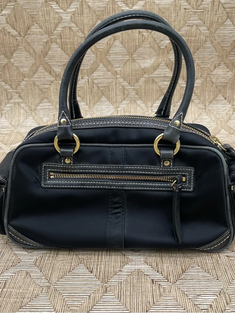 Vtg COACH Y2K Legacy Turnlock Blk Leather & Nylon Mini Boston Satchel Bag 4452